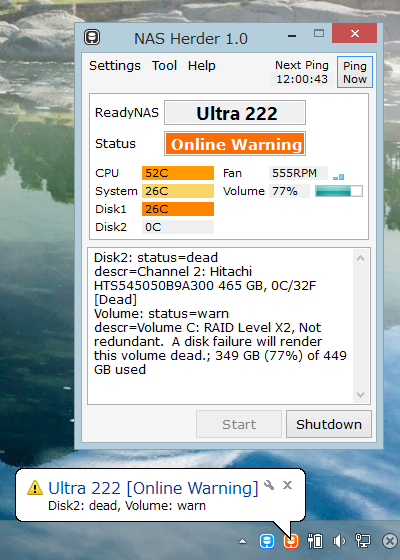 Main window and balloon message in warning status