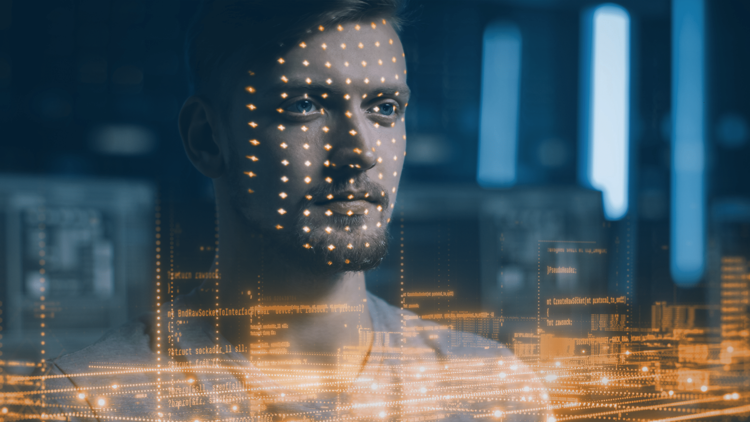 Threat Intelligence Criminal 2025 Infographic Man with digital "dots" overlay; iProov 2025 Threat Intelligence one-pager highlighting key identity fraud trends including a 2,665% rise in virtual camera attacks, 300% surge in face swap deepfakes, and growth of the crime-as-a-service ecosystem