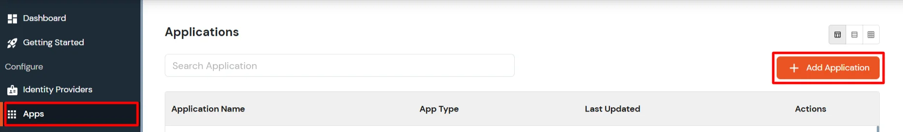 miniOrange Admin Console showing Add Application button in Apps menu