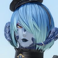 Ganzaya Dhoro, a grey-skinned Xaela with bobbed blue hair, a yellow eye, and dark scales