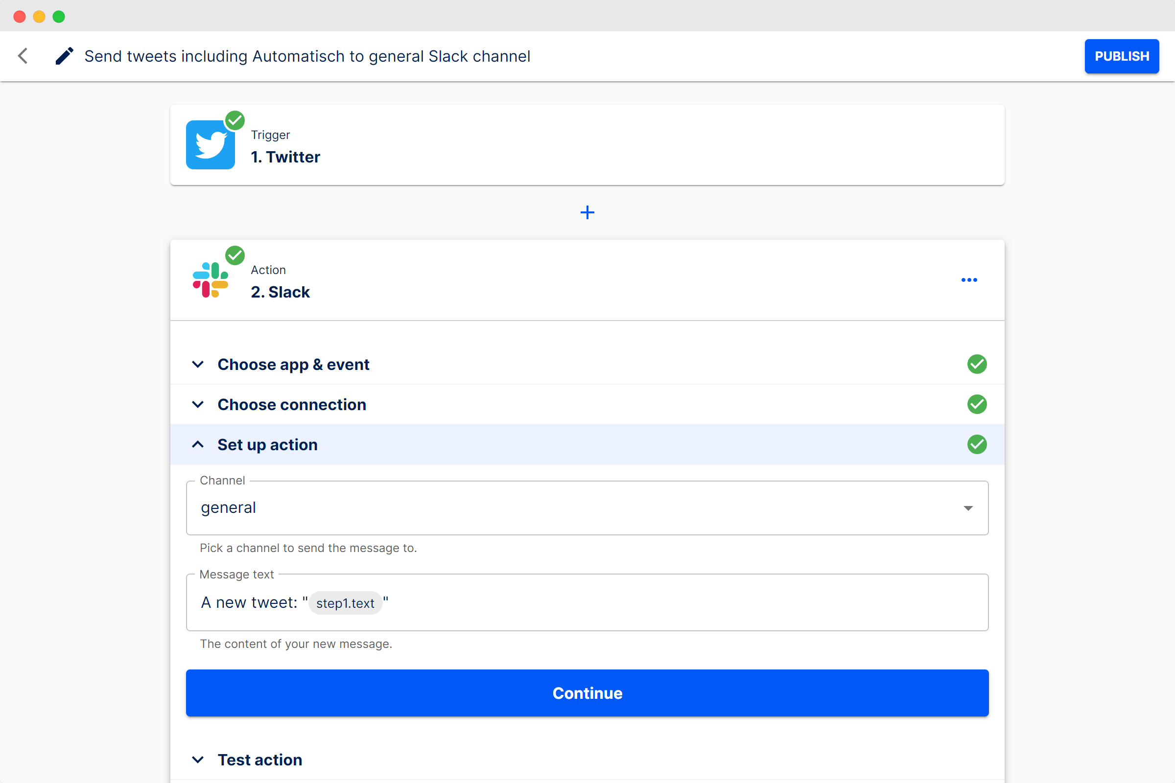 A sample flow using Twitter as the trigger and Slack as an action