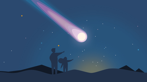 Illustration of two people watching a bright comet streaking across a starry night sky over a mountainous landscape.