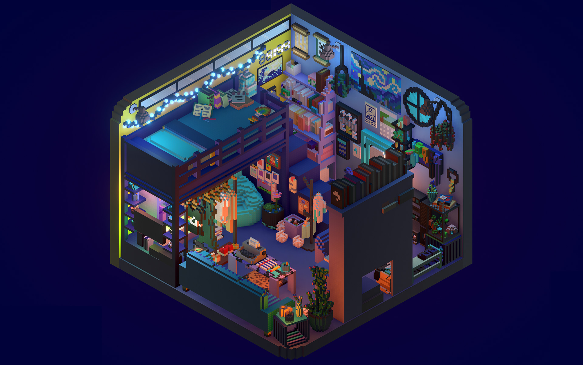A screenshot from Rooms that shows an in-game voxel room that's been decorated to look like a small dorm room, with a large loft bed, bookshelf, and other objects scattered about. 