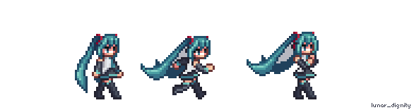 Miku, displayed in 3 separate stages, first walking, then running, then singing. Created by LunarDignity on DeviantArt