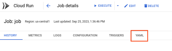 job details page
Google Cloud console, showing the YAML tab 