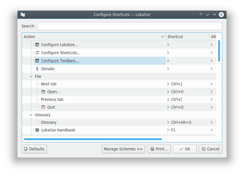 Here you can configure the shortcut keys.
