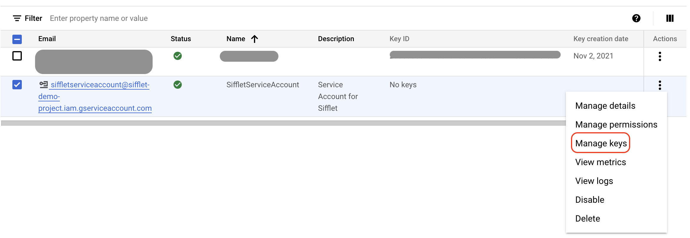 Accessing the key management page