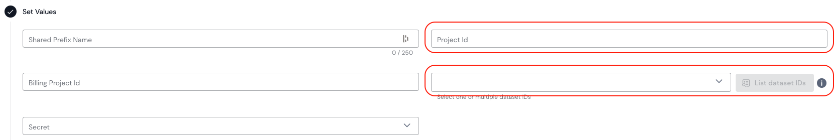 The mandatory parameters to create a BigQuery source