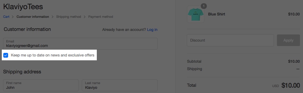 KlaviyoTees mit Keep me Update on News und exklusiven Angeboten markiert und weiß hervorgehoben