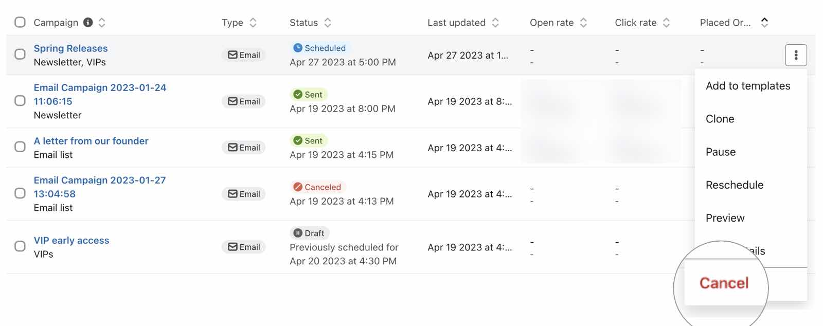 Possibilité d'annuler une campagne