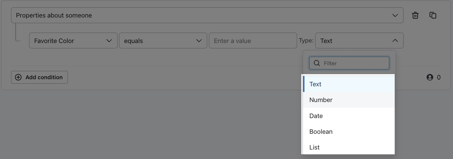 Liste déroulante de types de données dans les segments