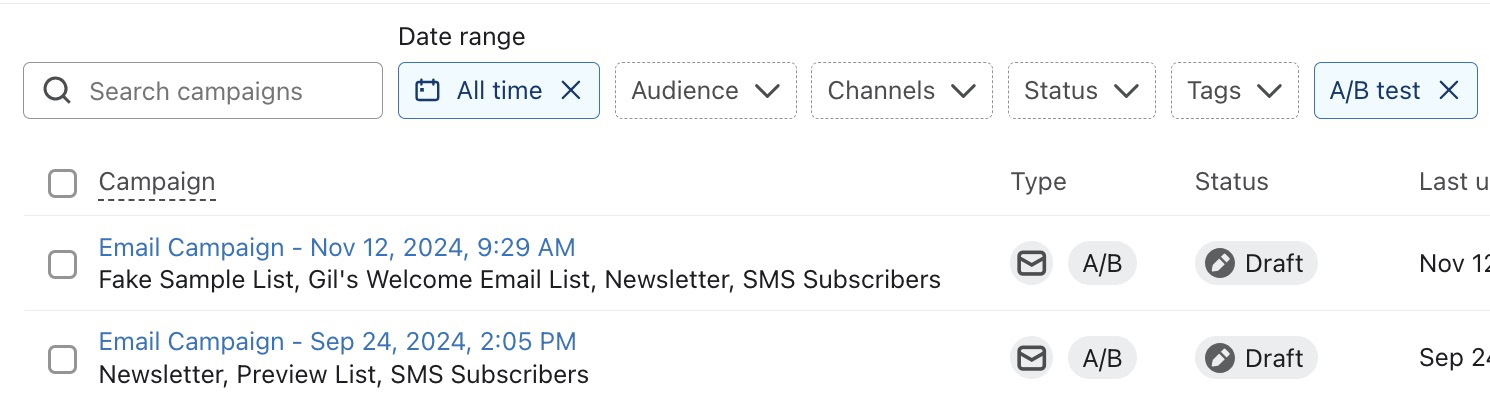 A/B-Test filtern Kampagnen zeigen E-Mail-Kampagnen mit A/B-Bezeichnung und Entwurfsstatus