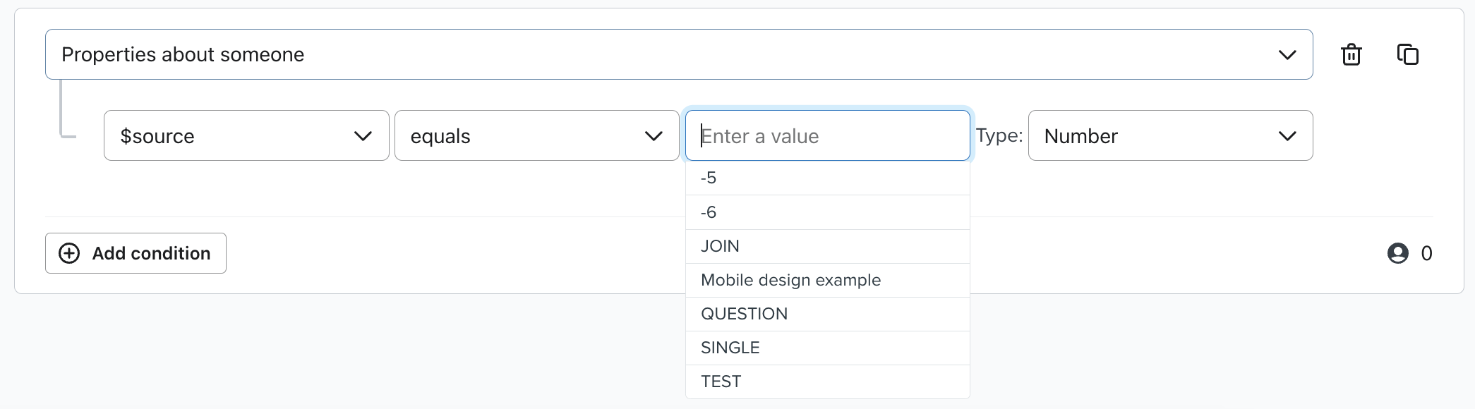 Menú desplegable de valores de origen en el constructor de segmentos