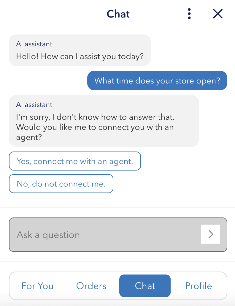 vista del cliente de un chat con un Agente de Servicio de Inteligencia Artificial (AI) que le ofrece conectar con un agente humano tras no saber responder a una pregunta.
