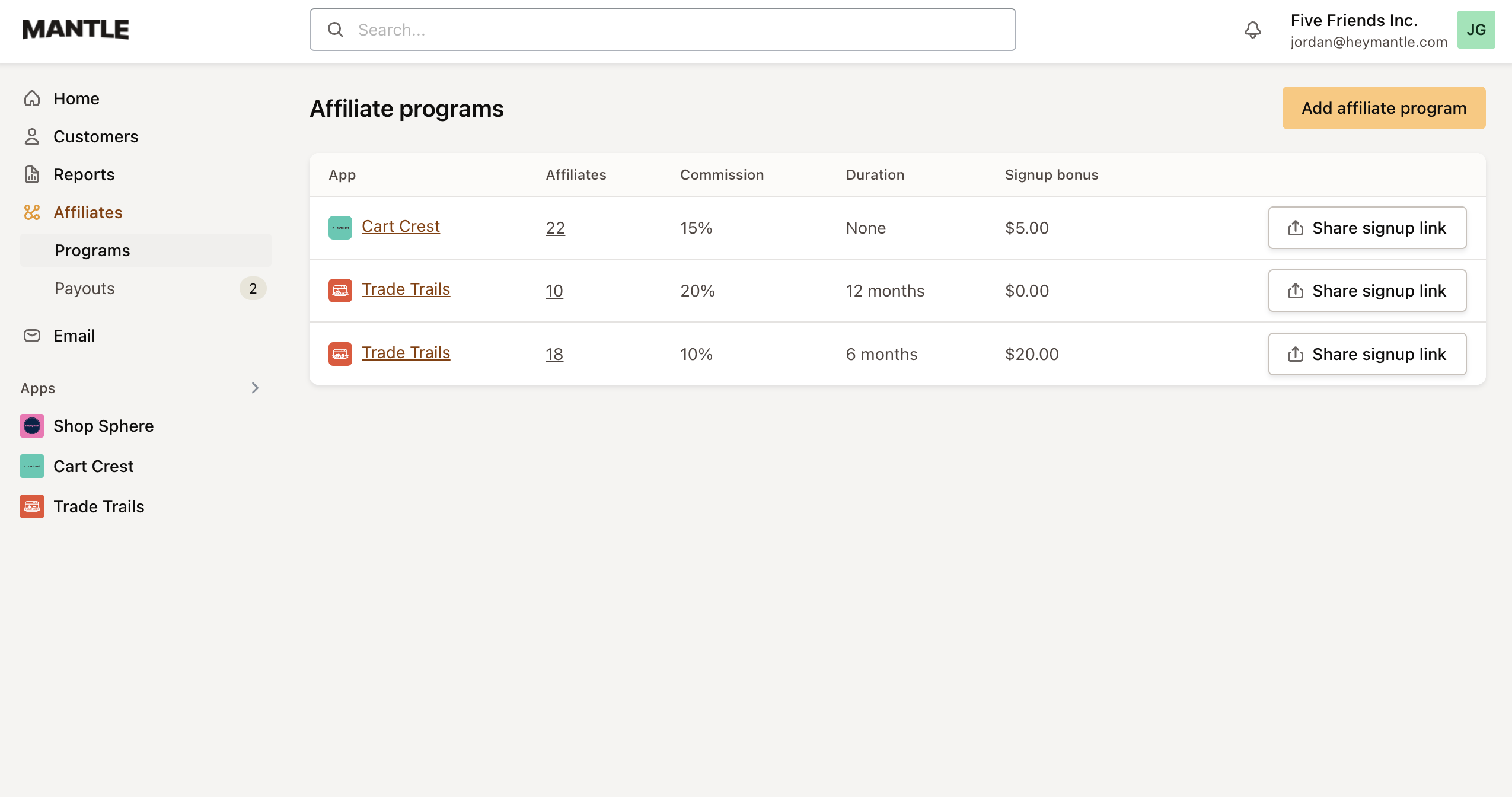 affiliates dashboard