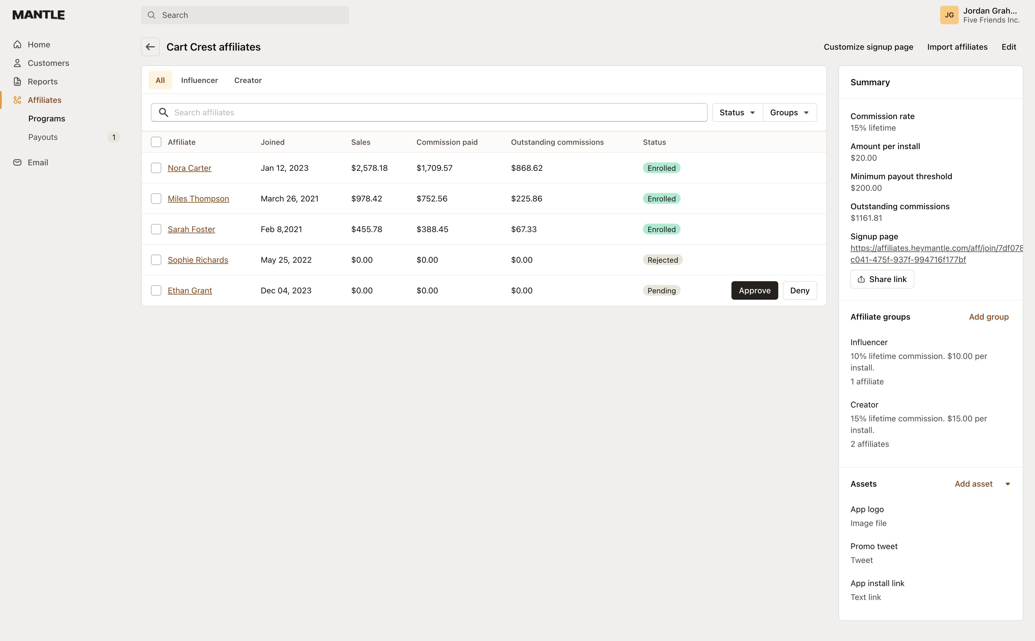 affiliates dashboard