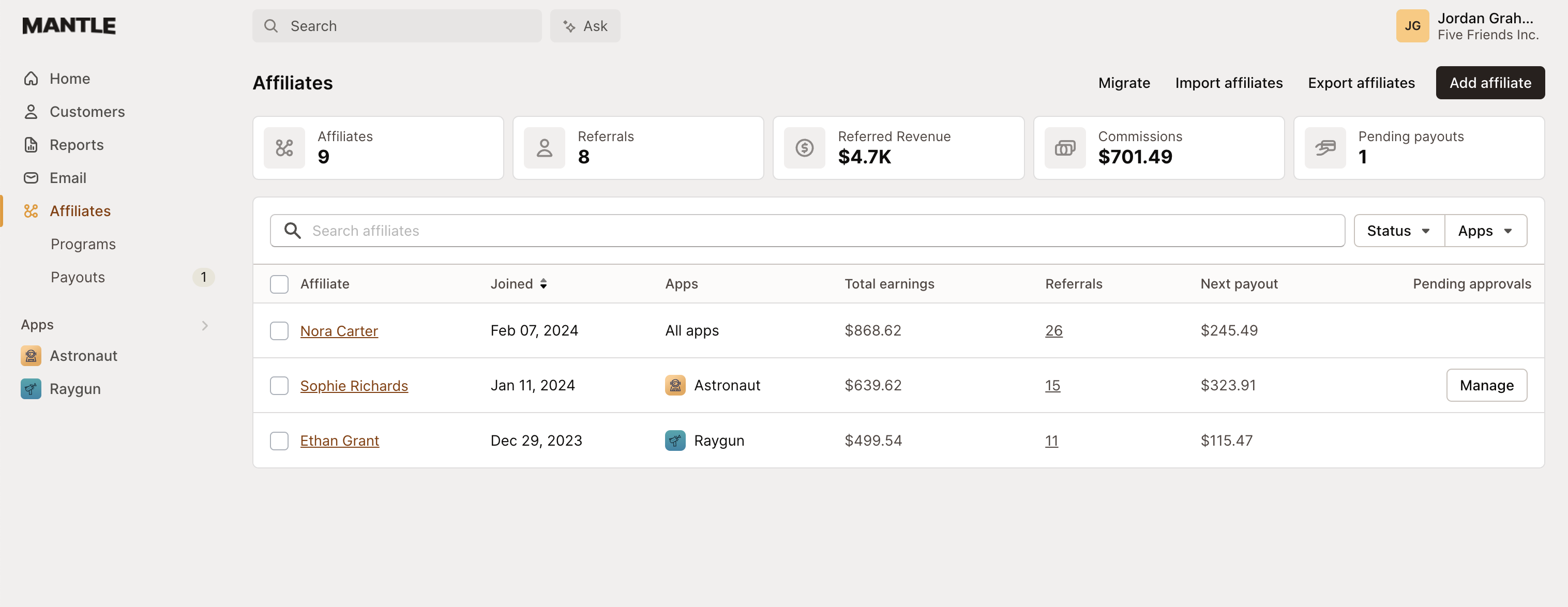 affiliates dashboard