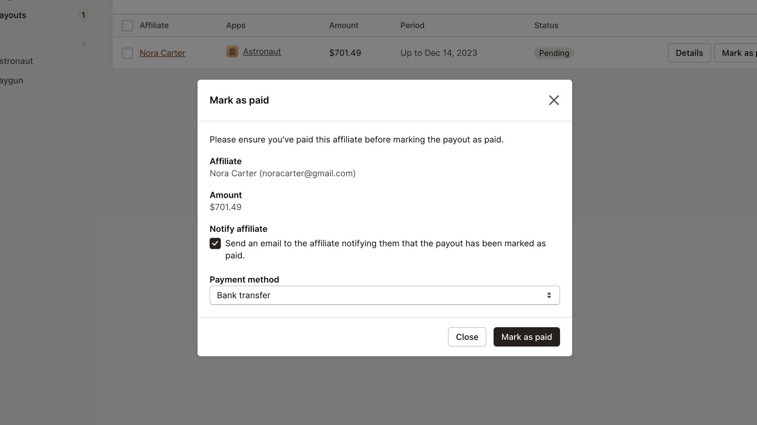 affiliate payouts mark as paid
