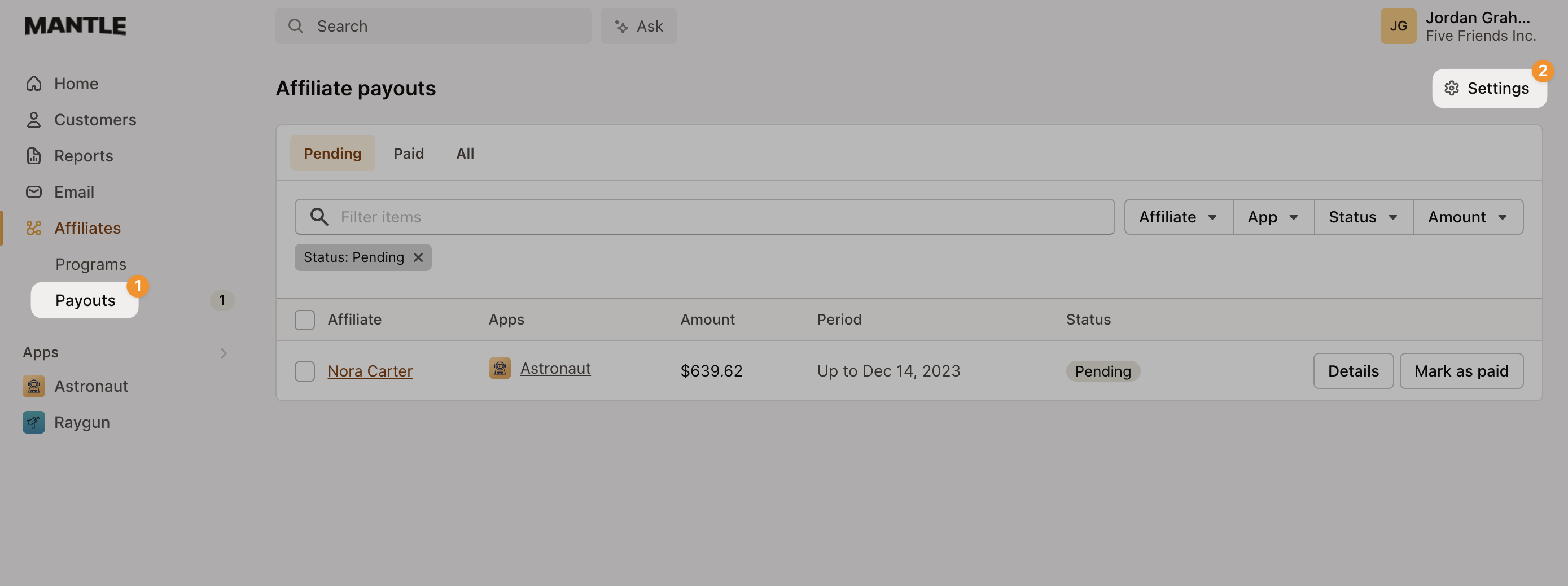 Affiliate payouts settings button