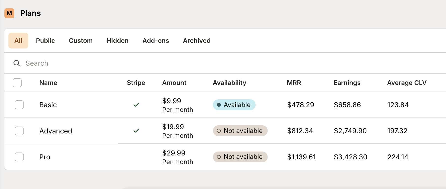Stripe plans in Mantle