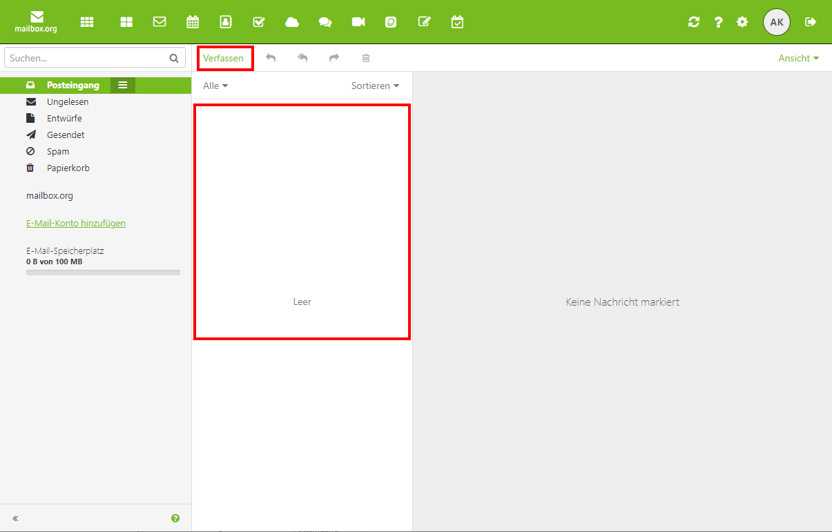 In diesem Postfach können Sie Mails verfassen und empfangen.