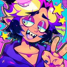 a cartoon character is making the peace sign with her hand and pointing at something in front of her