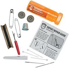 the contents of a sewing kit including buttons, needles and other items are shown in this image