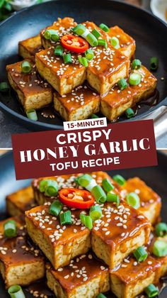 honey garlic tofu recipe in a skillet with text overlay