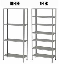 before and after shelving shelves with the same paint job on each shelf, they are gray