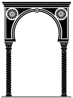 an arch with columns and flowers on the top is shown in black and white ink