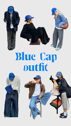 Baseball Cap Outfit Winter, Beige Cap Outfit Men, Women’s Baseball Hat Outfit, Brimless Cap Outfit, Blue Baseball Cap Style, Blue Trucker Hat Outfit, Blue Hat Outfit, Blue Cap Outfits For Women, Retro Blue Hat For Streetwear