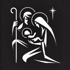 a black and white drawing of a nativity scene