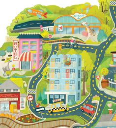 an illustrated city map with cars and buildings