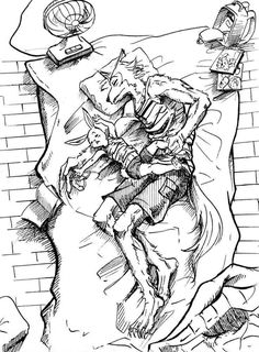 a black and white drawing of a man laying in bed