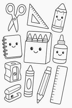 this is a black and white drawing of school supplies