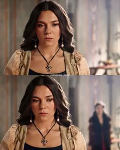 two pictures of a woman with long hair and wearing earrings, one is looking at the camera