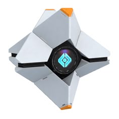 a silver and orange object on a white background