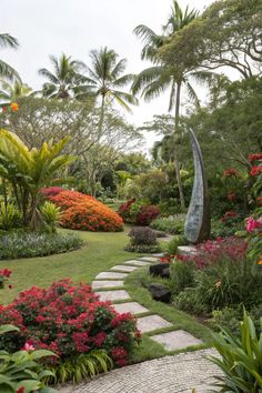 a garden with lots of flowers and trees