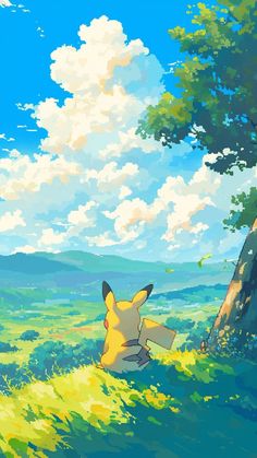 pikachu sitting in the grass under a tree on a sunny day with blue sky and clouds
