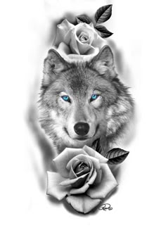 a black and white drawing of a wolf with blue eyes holding a rose in its mouth