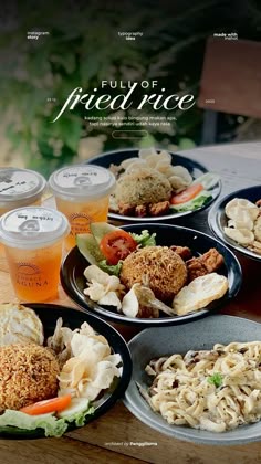 an advertisement for fried rice on a table with plates and cups filled with different types of food