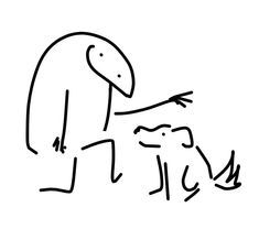 a black and white drawing of a man kneeling down next to a dog that is looking at him