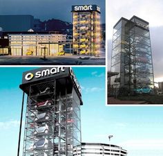 the smart building is lit up at night, and in front of it are several other buildings