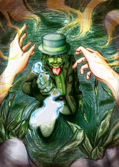 a drawing of a man in a green suit and hat with hands reaching out to him