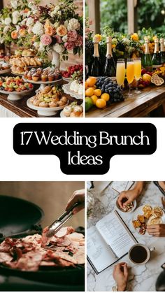 Wedding brunch ideas showcasing floral arrangements, pastries, fresh fruits, drinks, charcuterie, and a planner on a table.