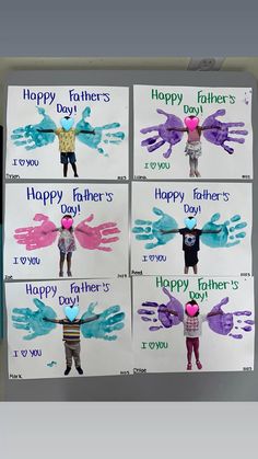 four handprints with children holding hands and the words happy father's day