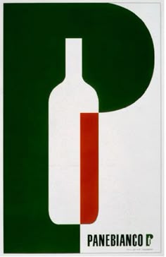 a white and green poster with a red wine bottle in the shape of a letter p