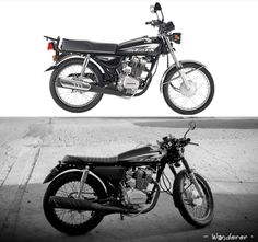 two motorcycles side by side in black and white