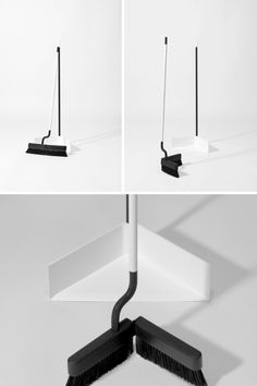 three different views of a broom and dustpan on a white background, with the same cleaning brush in front of it