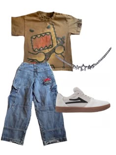 Jnco Fits, Skater Core Clothes, Domo Kun Outfit, 2000s Skater Clothes, Domo Shirt Outfit, Jnco Style, Skate Clothes Skater Style, Depop Style, Domo Shirt Y2k